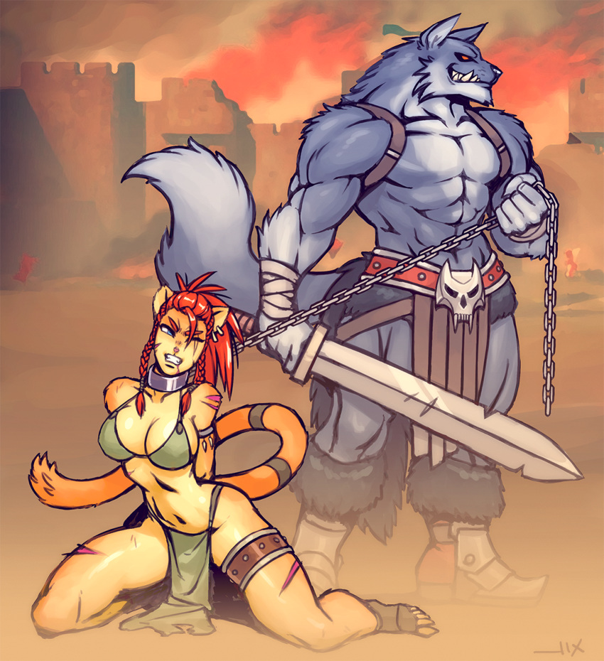 1boy 1boy1girl 1girls anthro arms_behind_back bad_end belly blue_eyes braid braided_hair cat_ears cat_tail catgirl chain_leash chains cleavage enslaved female large_breasts loincloth luigiix muscular_male one_eye_closed red_eyes red_hair scar scarred scars slave slave_collar sword thighband