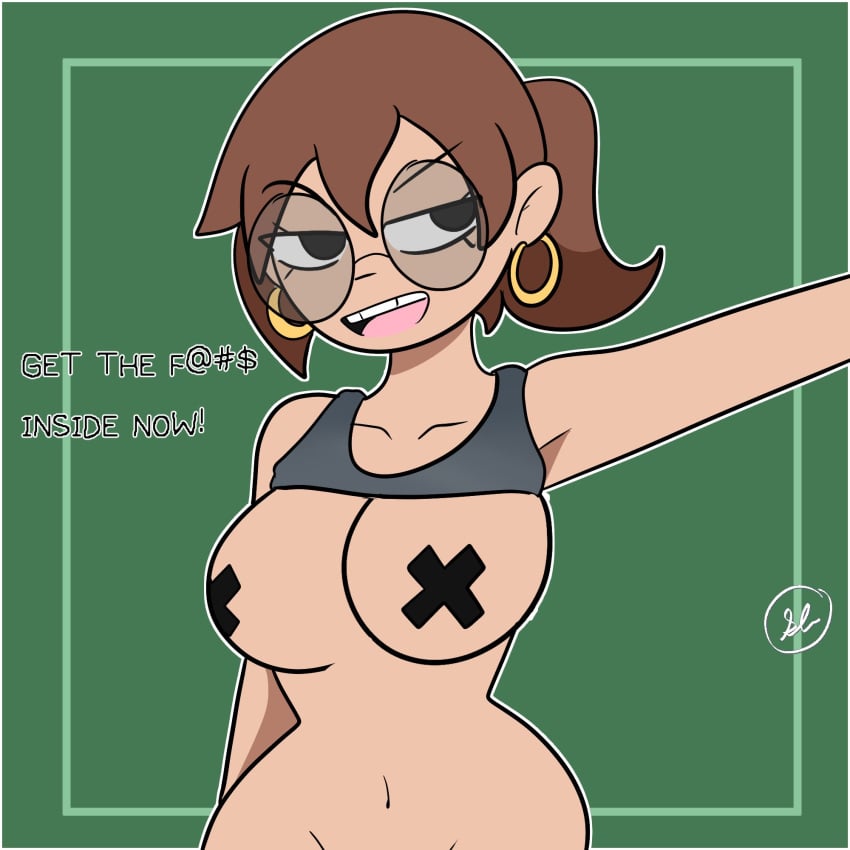 1girls arm_up armpits bare_shoulders black_eyes breasts brown_hair earrings female glasses hoop_earrings julie_powers light-skinned_female light_skin nude nude_female partially_clothed pasties scott_pilgrim short_hair sleepyloungeart solo solo_female tank_top tank_top_up