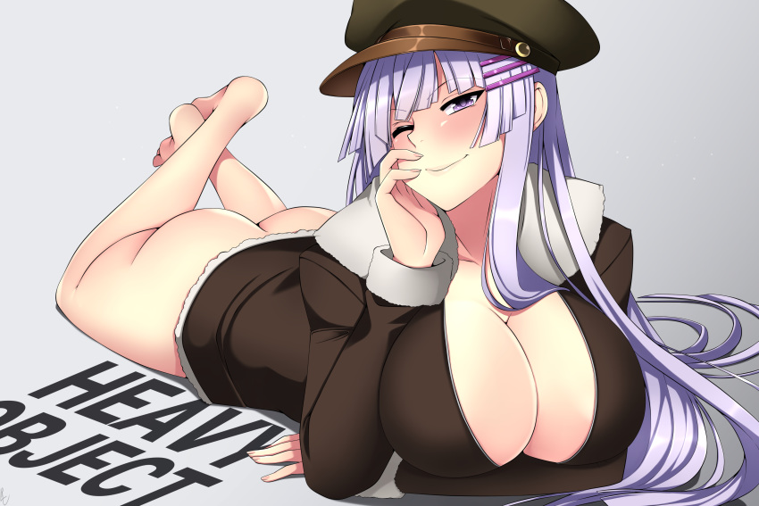 ass blush bomber_jacket bottomless breasts cleavage english_text feet female frolaytia_capistrano hair_ornament hat heavy_object jacket large_breasts lavender_hair lindaroze long_hair lying on_stomach pilot_uniform pin-up_girl purple_eyes solo thighs winking