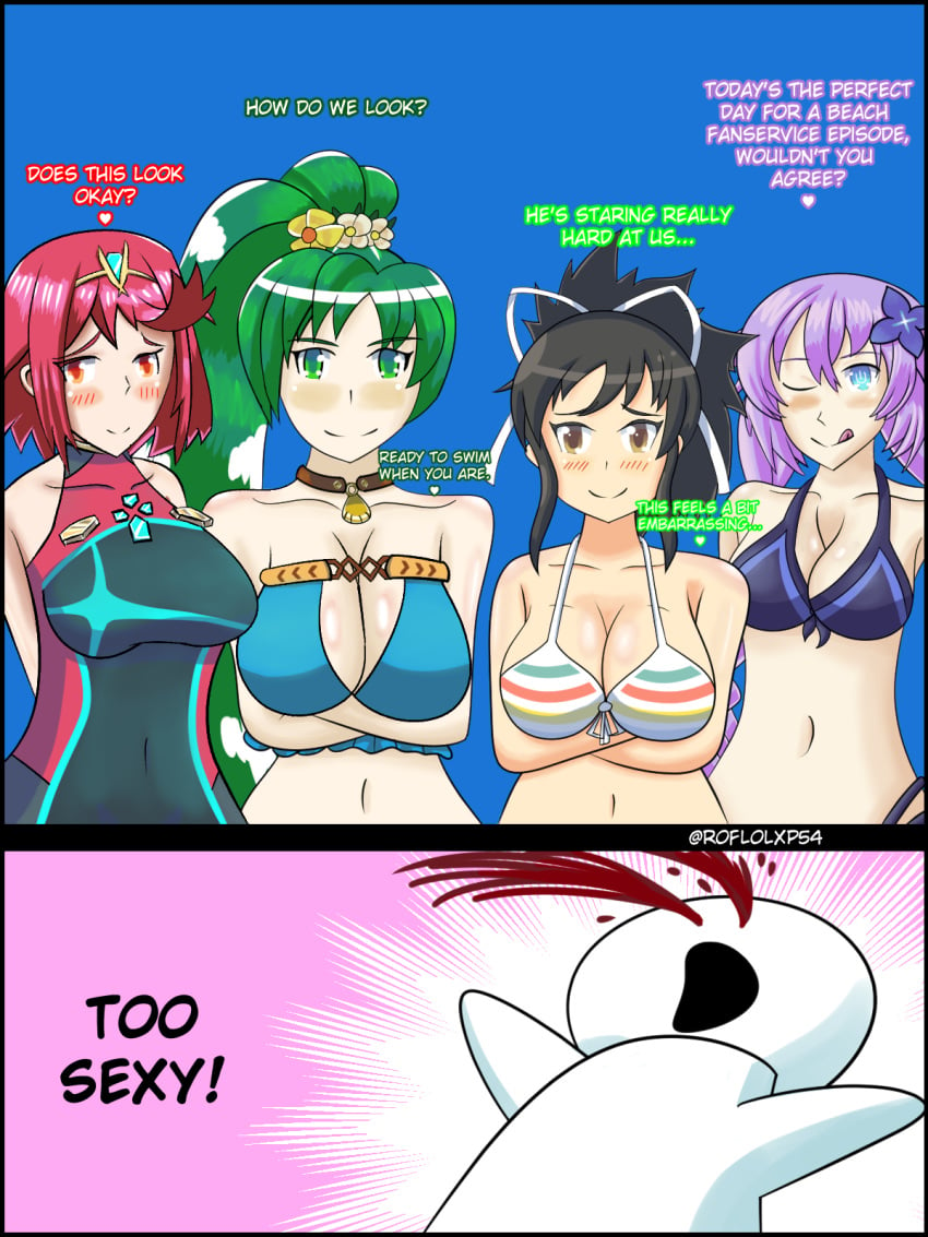 4girls asuka_(senran_kagura) bikini blue_eyes blush brown_eyes brown_hair cleavage crossover dialogue english_text fire_emblem fire_emblem:_the_blazing_blade fire_emblem_heroes green_eyes green_hair large_breasts licking_lips light_blue_eyes long_hair looking_at_viewer lyn_(fire_emblem) lyn_(summer)_(fire_emblem) midriff multiple_girls neptunia_(series) nintendo nosebleed one_eye_closed ponytail purple_hair purple_heart_(neptunia) pyra red_eyes red_hair roflolxp54 senran_kagura short_hair smile swimsuit text tongue tongue_out wink xenoblade_(series) xenoblade_chronicles_2