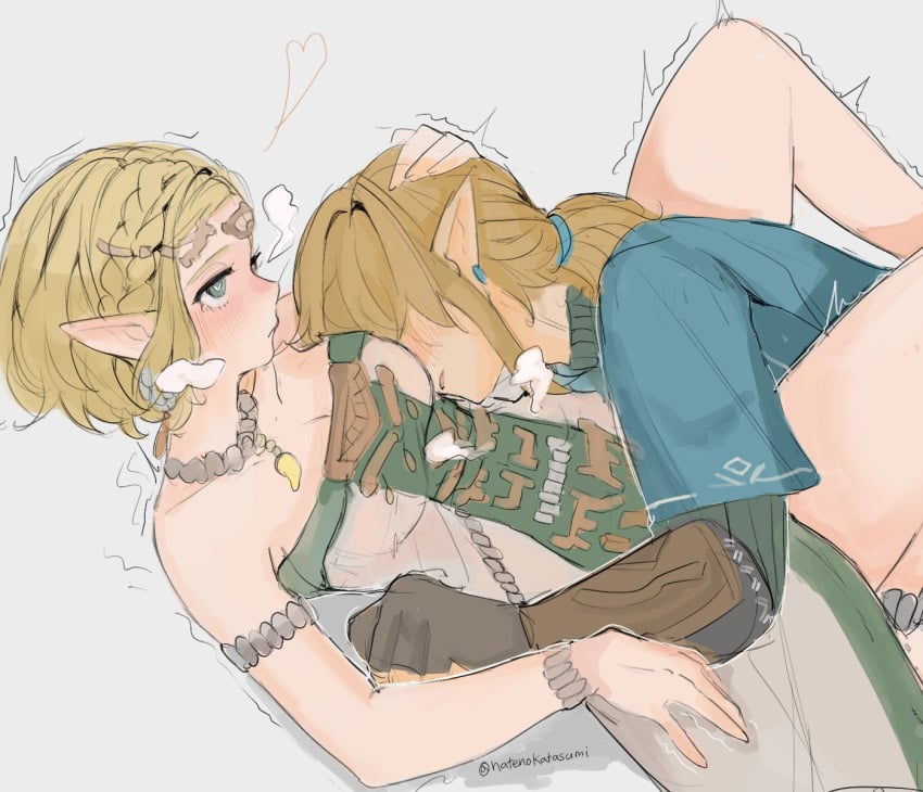 1boy 1boy1girl 1girls blonde_hair blush elf elf_ears elf_female female hatenokatasumi heart-shaped_pupils heavy_breathing legs_around_partner link link_(tears_of_the_kingdom) male miwa princess_zelda sniffing tears_of_the_kingdom the_legend_of_zelda zelda_(tears_of_the_kingdom) zonai_outfit