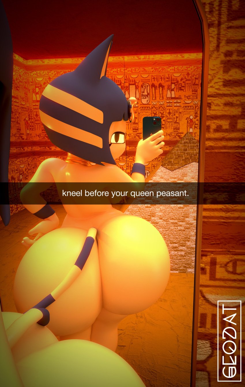 1girls 3d animal_crossing ankha ankha_(animal_crossing) ankha_(cyanu) ass big_ass cat feline geodat64 huge_ass mirror mirror_selfie naked nintendo nude phone selfie text wide_hips yellow_body yellow_fur