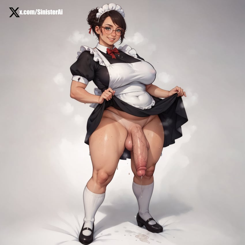 1futa ai_generated big_ass big_balls big_breasts big_penis futa_only futanari maid maid_uniform oiled sinister_ai