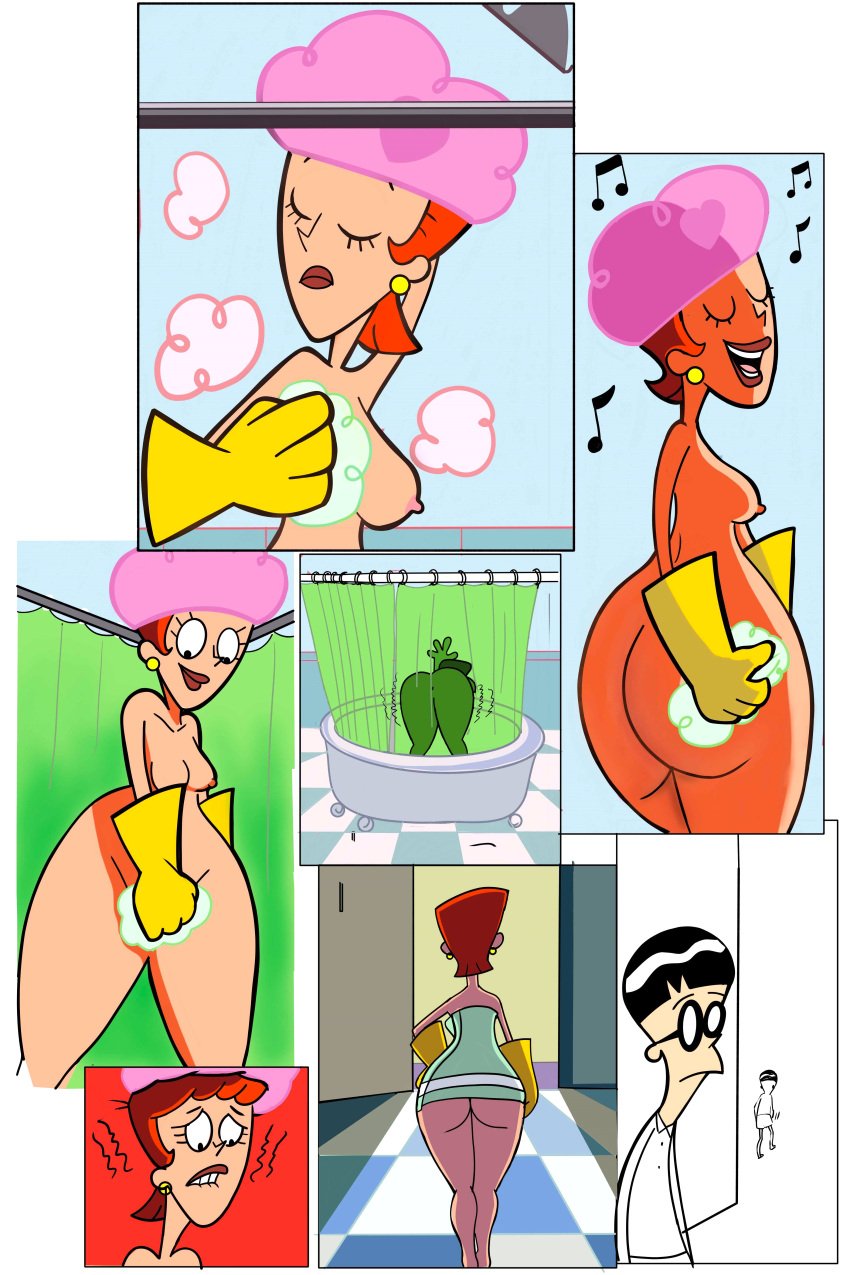 accurate_art_style dexter's_laboratory dexter's_mom glasses gloves latex_gloves mandark meme_reference red_hair rubber_gloves shower shower_cap showering sketchepe towel towel_only yellow_gloves