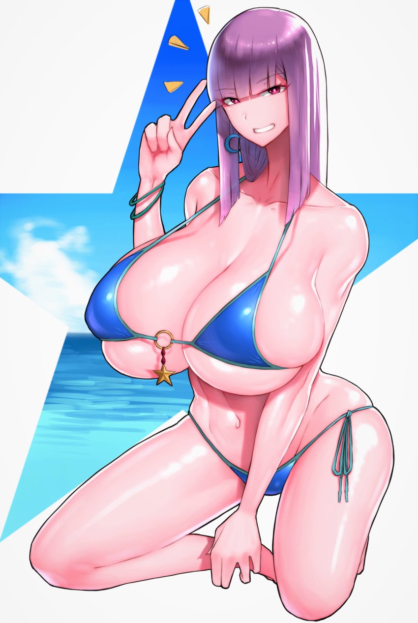 1girls 2020 alternate_breast_size bangs beach big_breasts bikini breasts bursting_breasts curvaceous earrings female_focus gigantic_breasts gundam gundam_zz hanging_breasts hip_bones huge_breasts human jewelry large_breasts long_hair muscular muscular_female pale-skinned_female pale_skin purple_hair roux_louka simple_background smile smiling solo_female summer swimsuit thick_thighs violet_hair voluptuous wide_hips wolffeld_price