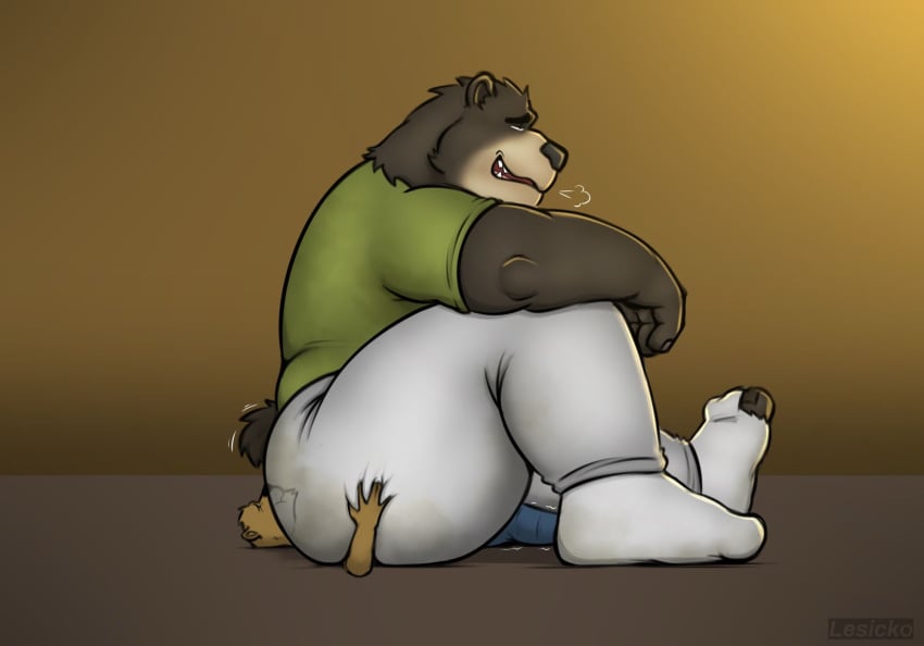 anthro ass bear big_butt big_dom_small_sub bodily_fluids butt_crush clothed clothing crush dominant duo facesitting footwear hi_res holding_butt lesicko lying male male/male mammal on_back sitting_on_another size_difference slightly_chubby slightly_chubby_anthro slightly_chubby_male socks sweat sweaty_bottomwear sweaty_butt sweaty_clothing sweaty_pants thick_thighs