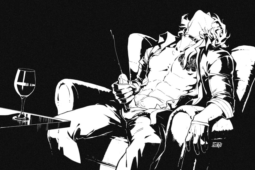 1boy 1boys 1male 1males 1man alone artist_signature athletic athletic_male black_and_white black_gloves bsd bungo_stray_dogs bungou_stray_dogs chest_tattoo chuuya_nakahara cock colorless cum cum_squirt cum_strand cumming_from_masturbation cumshot fit fit_male glove gloved gloved_hands gloves hand_around_penis hand_on_penis head_back head_thrown_back lean_body lean_figure lean_muscle long_hair long_hair_male male male_focus male_masturbation male_only male_solo masturbating masturbation nakahara_chuuya no_color partially_clothed partially_clothed_male partially_undressed penis penis_out pleasuring_self relax relaxed relaxing sitting sitting_back sitting_on_chair solo solo_focus solo_male tattoo tattoo_on_chest unbuttoned_shirt uncensored