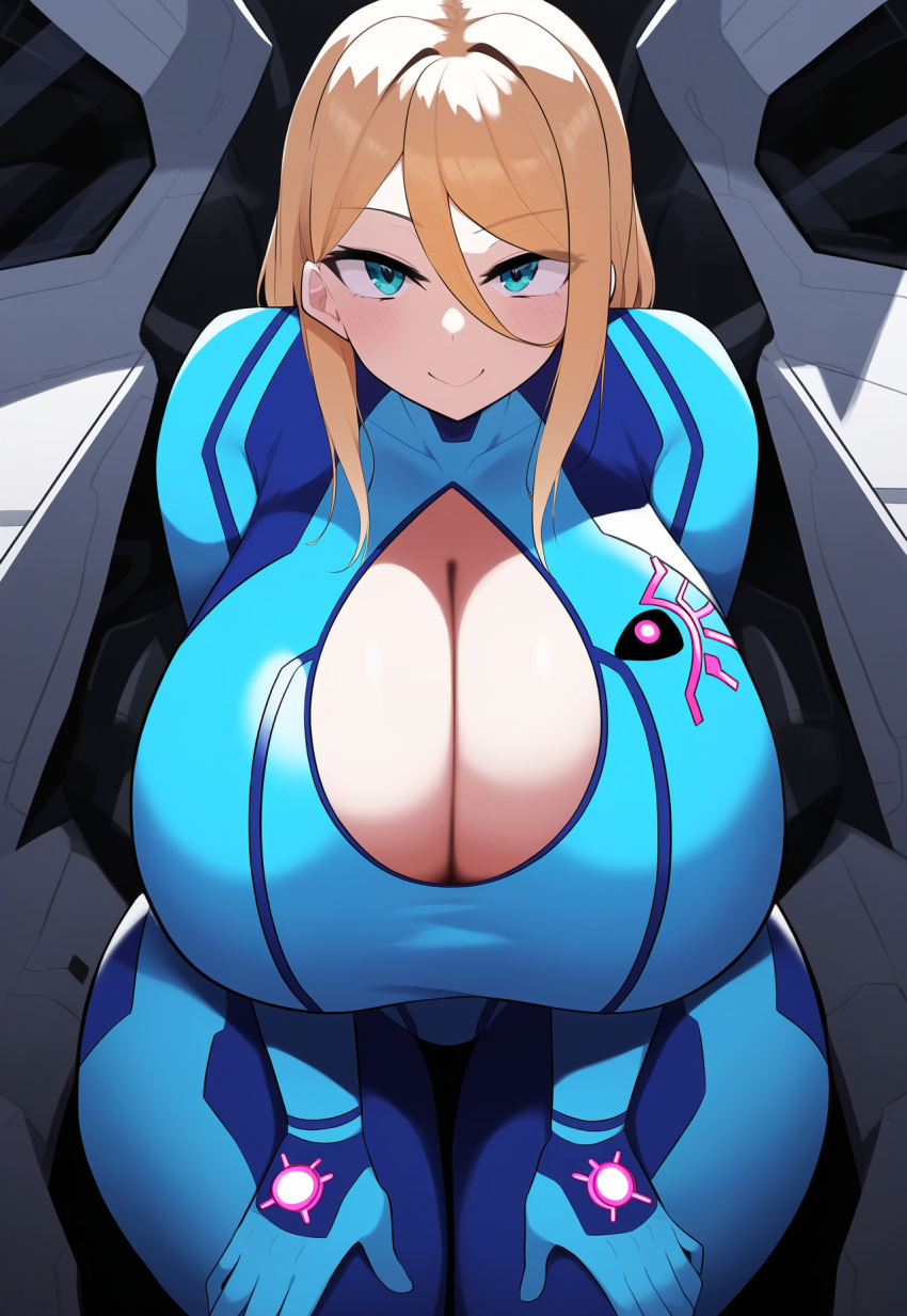 ai_generated blonde_hair blue_eyes huge_breasts large_breasts lubbasdump massive_breasts nintendo samus_aran sitting smiling zero_suit zero_suit_samus