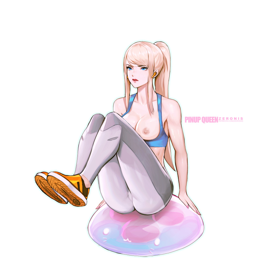 1girls airpods bimbo blonde_hair blue_eyes bra_lift breasts exercise_ball female long_hair metroid nintendo nipples pink_nails ponytail samus_aran solo sports_bra sweat white_background white_skin yoga_pants zeronis