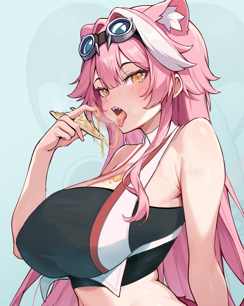 absurdres animal_ear_fluff animal_ears bare_shoulders black_tube_top blush breasts cat_ears cat_girl cheese_trail covered_nipples default_skin eating english_commentary fangs female food goggles goggles_on_head hair_intakes highres holding holding_food holding_pizza hololive hololive_english hololive_english_-justice- huge_breasts katoshseisou long_hair looking_at_viewer midriff multicolored_hair open_mouth pink_hair pizza pizza_slice raora_panthera solo strapless streaked_hair tongue tongue_out tube_top upper_body very_long_hair vest virtual_youtuber white_hair white_vest yellow_eyes youtube youtuber