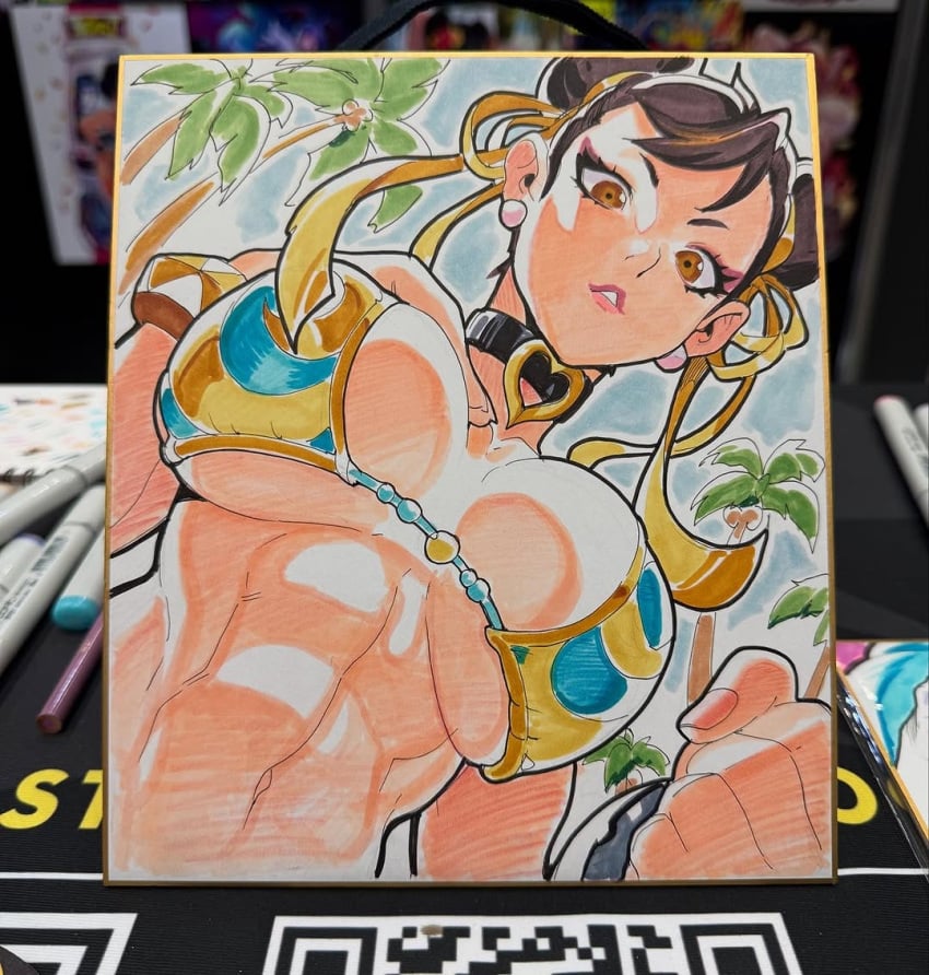 big_breasts big_breasts bikini bikini_top bracelet bracelets breasts breasts buff buff_female buns chun-li convention hair_ornament half_naked large_boobs large_breasts low-angle_view makeup muscular muscular_female reiq revealing revealing_clothes revealing_outfit revealing_swimsuit street_fighter swimsuit swimwear tagme traditional_art traditional_media traditional_media_(artwork)