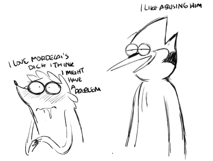 admiration anthro avian bird blue_jay blush bodily_fluids cartoon_network corvid degradation dialogue drawing drooling duo english_text fur implied_abuse jay_(bird) larger_male male male/male mammal mordecai_(regular_show) nervous new_world_jay open_mouth oscine passerine praise praise_kink procyonid raccoon ranranparadoxx regular_show rigby_(regular_show) saliva simple_background size_difference smaller_male smile talking_to_another text tuft white_body