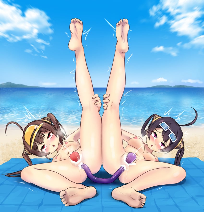 azur_lane beach beach_towel censor_bar climaxing dildo dildo_in_pussy double_dildo double_dildo_in_ass leg_lift ning_hai_(azur_lane) nude ping_hai_(azur_lane)