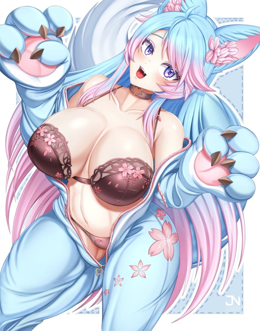 animal_ears animal_hands artist_name blue_hair bra breasts brown_bra choker collarbone fake_claws female female_only floral_print flower gradient_hair grey_choker hair_flower hair_ornament heart heart_choker highres indie_virtual_youtuber jnstudio large_breasts linea_alba long_hair multicolored_hair navel oerba_yun_fang off_shoulder onesie open_mouth pink_flower pink_hair purple_eyes silvervale silvervale_(wolf_onesie) solo tail twitch twitch.tv twitter underwear unzipped virtual_youtuber wolf_ears wolf_girl wolf_tail youtube youtuber zipper_pull_tab