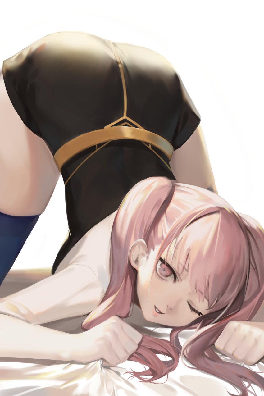 1girls absurdres arm_support ass bed_sheet black_dress blue_legwear blush dress face_down_ass_up female fire_emblem fire_emblem:_three_houses garreg_mach_monastery_uniform highres hilda_valentine_goneril jam_(nandade) long_hair looking_at_viewer nintendo one_eye_closed parted_lips pink_eyes pink_hair school_uniform sheet_grab short_sleeves simple_background solo spread_legs thighhighs top-down_bottom-up twintails white_background