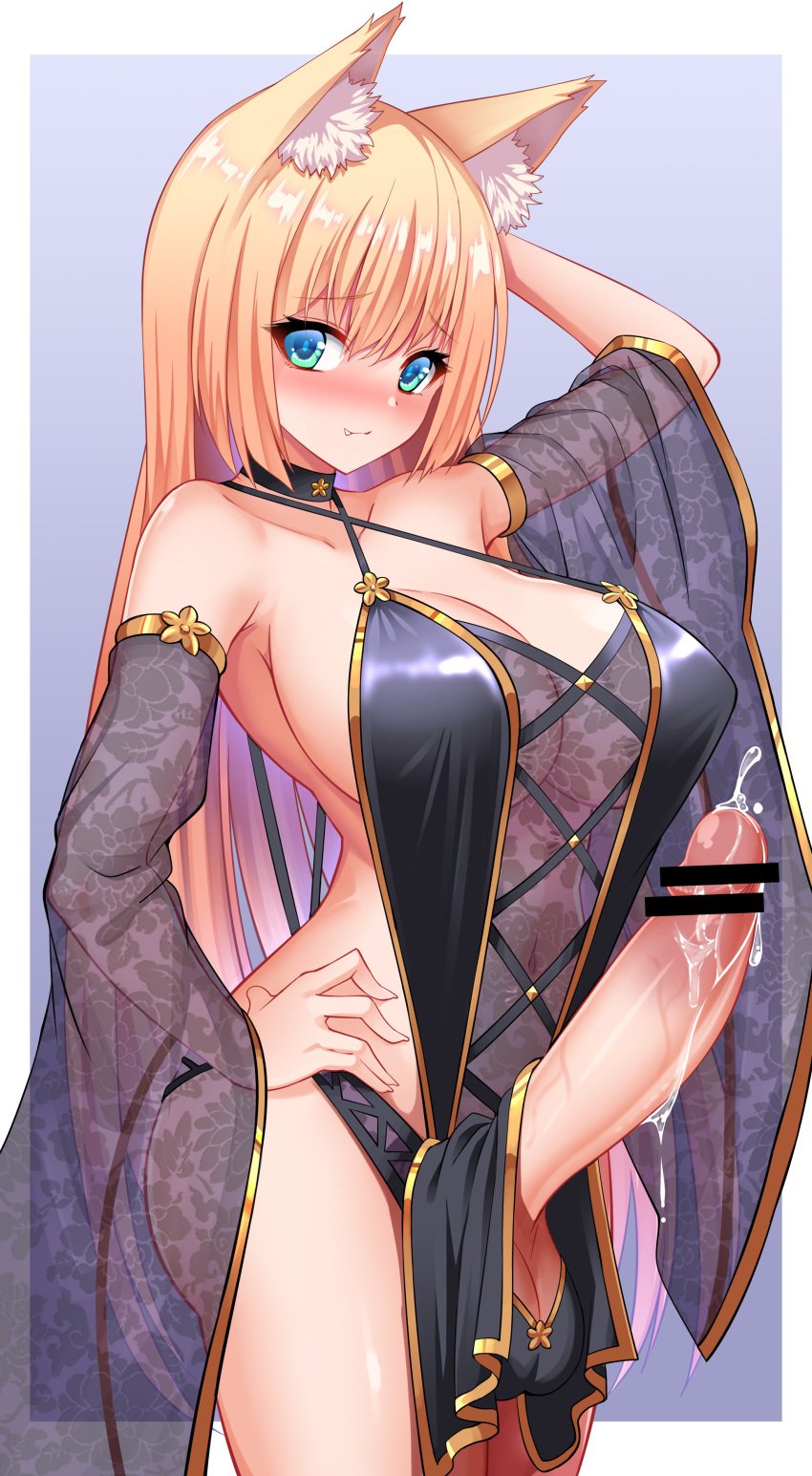 1futa absurdres animal_ear_fluff animal_ears balls bar_censor big_breasts big_penis black_choker blonde_hair blue_eyes blush border breasts censored choker clothed clothing collarbone criss-cross_halter detached_sleeves erection fox_ears futa_only futanari gold_trim halterneck hand_on_own_hip highres huge_cock humanoid humanoid_penis kemonomimi large_breasts large_penis large_testicles light-skinned_futanari light_skin long_hair looking_at_viewer oerba_yun_fang original outside_border partially_clothed penis precum rin_futana see-through_clothes see-through_sleeves skindentation solo standing testicles white_border