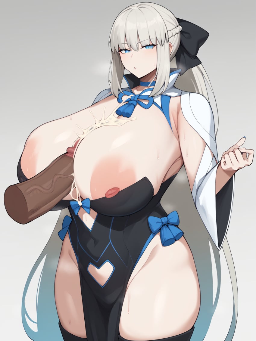 1girls ai_generated big_breasts black_penis black_ribbon blue_eyes breasts cum cum_on_breasts cumming fate/grand_order fate_(series) ldk massive_breasts morgan_le_fay_(fate) nipples white_hair