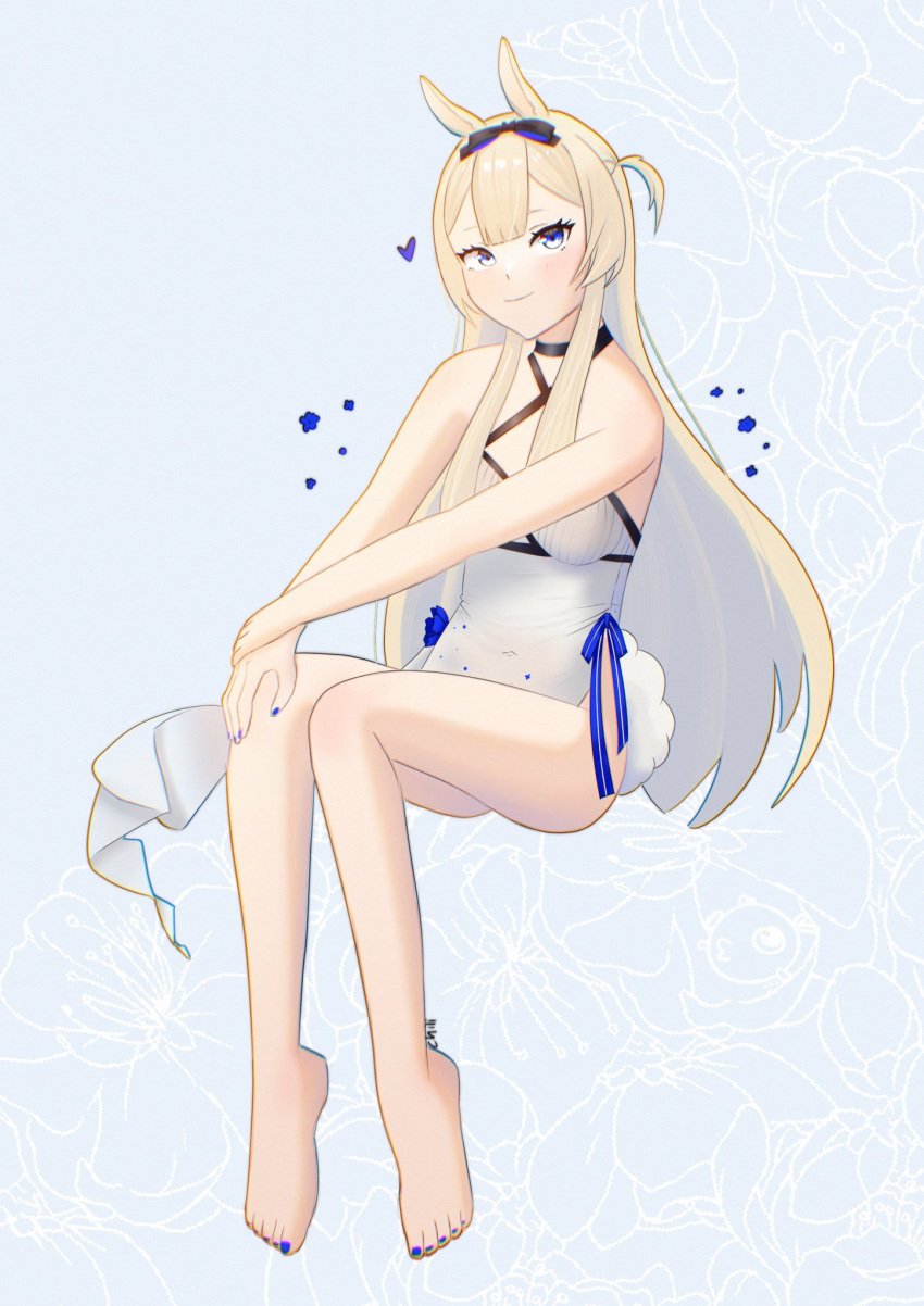 1girl animal_ears aqua_nails bangs bare_shoulders barefoot blonde_hair blue_background blue_eyes blue_nails blush breasts bunny_ears bunny_girl choker closed_mouth crossed_legs dress feet female fingernails full_body hairband heart long_hair looking_at_viewer multicolored_nails nail_polish pink_nails purple_nails sitting smile solo striped striped_background toenail_polish toenails very_long_hair virtual_youtuber vyugen yenko