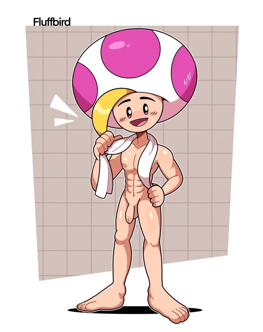 5_fingers 5_toes abs after_shower big_head blonde_hair bodily_fluids feet fingers fluffbird fuckboy gay genitals hair hi_res male mario_(series) mario_bros muscular muscular_male nintendo nude paper_mario paper_mario:_the_thousand_year_door penis prince_mush skinny small_penis solo sweat toad_(mario) toes toony towel towel_around_neck wet