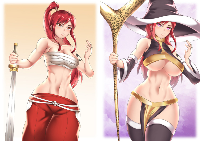 abs amber_eyes before_and_after belly breast_expansion breast_wrap crop_top detached_sleeves erza_scarlet fairy_tail hakama haryudanto huge_breasts large_breasts loincloth mind_control red_hair red_pants sarashi shounen_jump staff sword underboob wide_hips witch_hat wraps