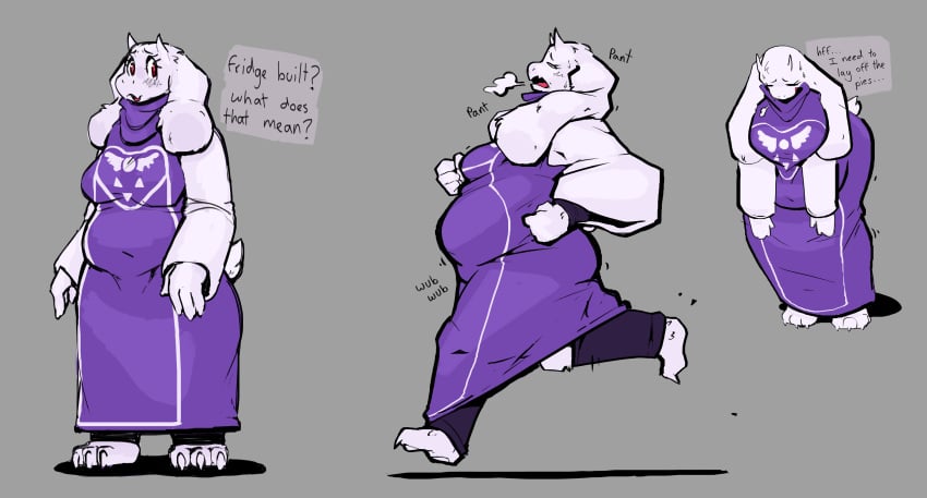 1girls belly big_belly blush chubby chubby_female dialogue exercise fat goat gray_background mature_female monster monster_girl panting pants red_eyes robe running simple_background solo sound_effects sweat sweating text thick_thighs tired toriel undertale white_fur wide_hips