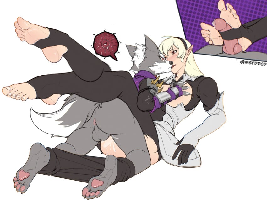 barefoot corrin_(fire_emblem) corrin_(fire_emblem)_(female) creampie cum feet foot_fetish foot_focus footjob furry grabbing_breasts human_on_anthro human_on_furry kissing leg_lock msyddod pants_around_ankles soles super_smash_bros. toes toes_curled toes_spread wolf_o'donnell x-ray