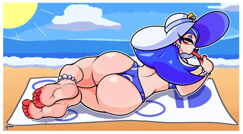 1girls anklewear artist_logo artist_name artist_signature ass ass_focus background beach beach_towel big_ass big_butt bikini blue_hair butt_focus cephalopod cephalopod_humanoid dat_ass detailed_background earrings fat_ass feet female female_focus female_only hat headwear hi_res high_resolution highres humanoid light-skinned_female logo long_eyelashes long_hair looking_at_viewer looking_back nintendo octoling popsicle red_eyes red_eyeshadow shiver_(splatoon) shiver_hohojiro soles solo splatoon splatoon_(series) splatoon_3 sucking_popsicle suggestive_look tagme tentacle thick thick_ass thick_thighs thighs wonsubon wristband