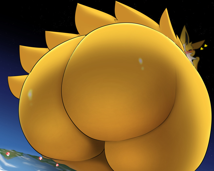 2023 5:4 absurd_res anthro anthrofied ass atmosphere atmospheric atmospheric_perspective big_butt blush closed_eyes digital_media_(artwork) eeveelution female fur generation_1_pokemon heart_symbol hi_res huge_butt hyper hyper_butt jolteon kify looming looming_butt low-angle_view macro nintendo planet planet_dwarfing pokemon pokemon_(species) solo space_terra terra_macro thick_thighs wide_hips worm's-eye_view yellow_body yellow_fur