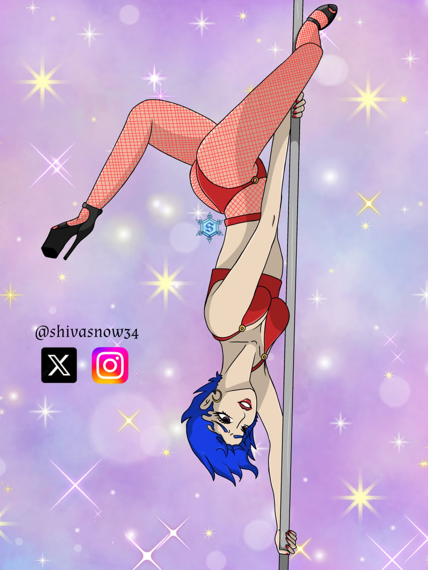 blue_hair comission emily_(stardew_valley) fanart lenceria lencerie pole pole_dancing prostitute prostitution stardew_valley white_body white_skin