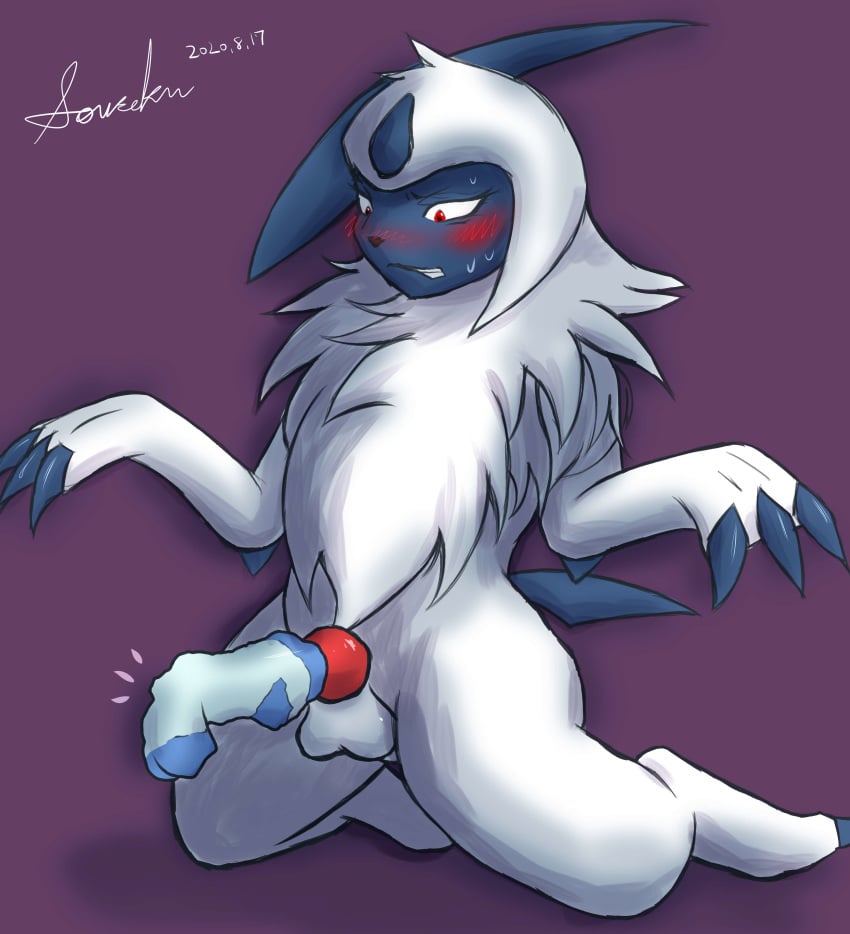 absol absurd_res clothing cock_sock feral foot_fetish footwear hi_res male nintendo penis_clothing pokémon_(species) pokemon pokemon_(species) purple_background red_cheeks simple_background socks solo sousaku_san video_games