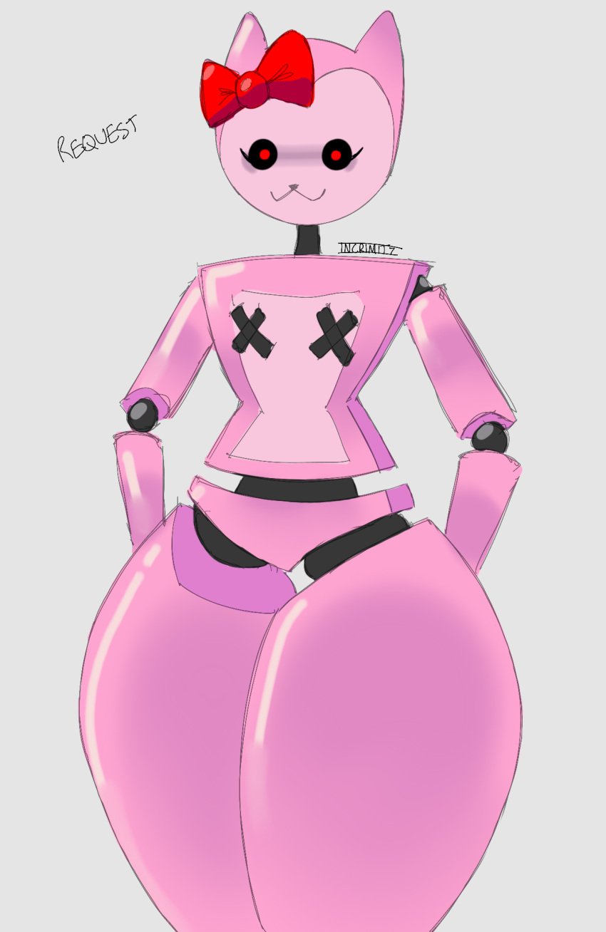 1girls 2d 2d_(artwork) 2d_artwork :3 animatronic big_thighs bow cat charlene_(five_nights_with_charlotte's) curvy five_nights_with_charlotte's incrimit7 pink_body red_bow red_eyes request roblox roblox_game self_upload tagme