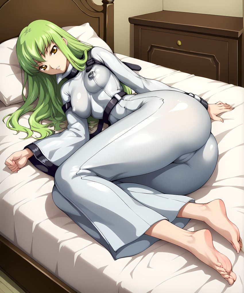 ai_generated barefoot bed bedroom big_breasts c.c. code_geass female female_focus female_only green_hair huge_ass huge_butt long_hair long_legs narrow_waist retair18 straight_hair straitjacket straps wide_hips yellow_eyes