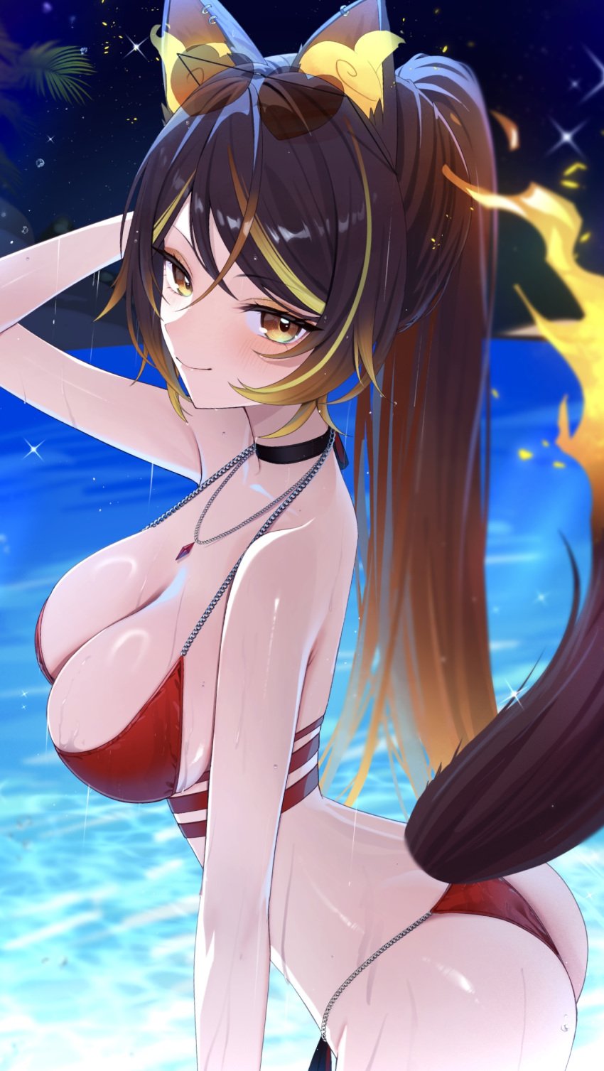 aamana0 animal_ears ass bikini breasts brown_hair cleavage commentary eyewear_on_head female fiery_ears flame-tipped_tail from_side hair_between_eyes halterneck hashtag-only_commentary heart heart-shaped_eyewear hellhound highres indie_virtual_youtuber large_breasts long_hair looking_at_viewer multicolored_hair night orange_eyes orange_fire red_bikini sinder_(vtuber) solo streaked_hair string_bikini sunglasses swimsuit tail twitch twitch.tv twitter virtual_youtuber wolf wolf_ears wolf_girl wolf_tail youtube youtuber