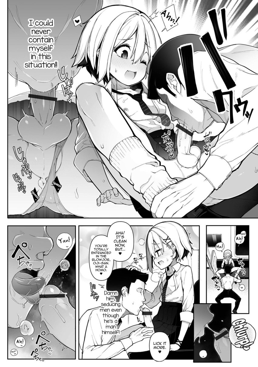 age_difference ballsack blowjob blush caption english_text licking_penis male_sucking_femboy manga manga_page monochrome nyakkuru older_male oral otoko_no_ko saliva school_uniform yaoi