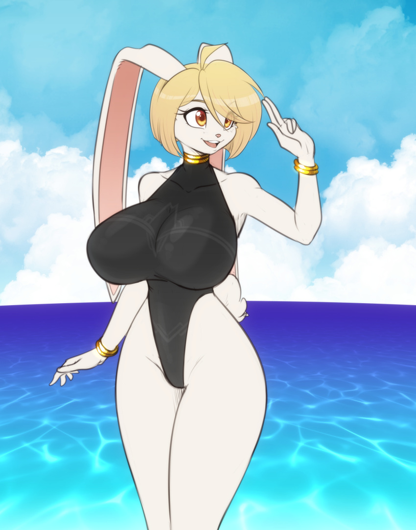 2024 absurd_res anthro beach big_breasts blonde_hair bracelet breasts clothing collarbone female fur hair hi_res huge_breasts jewelry lagomorph leporid mammal neck_ring one-piece_swimsuit outside rabbit scorpdk solo swimwear white_body white_fur wide_hips yellow_eyes