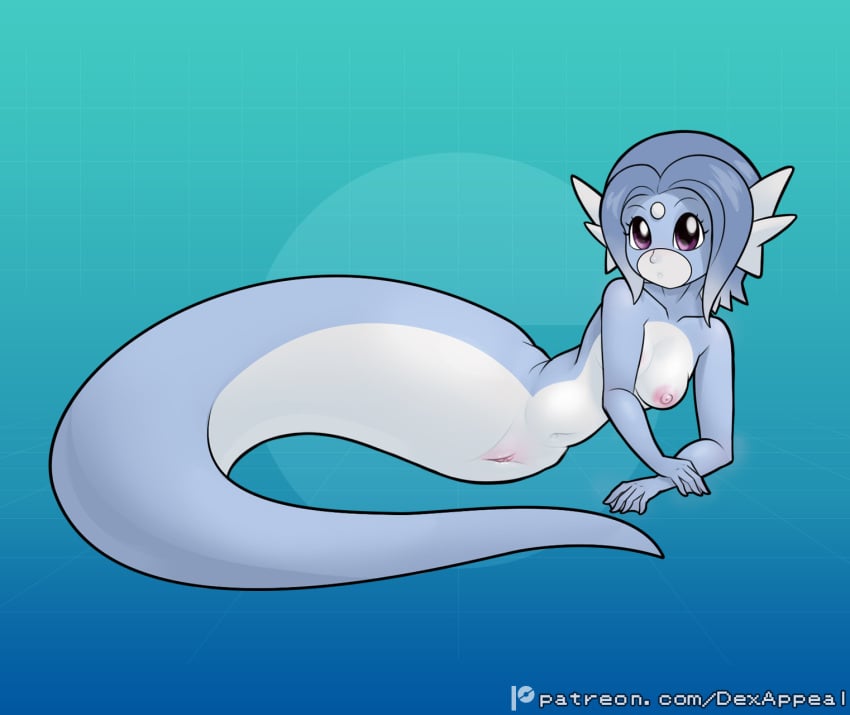 apode areola blue_body blue_hair blue_skin breasts dex_appeal draconcopode dragon dratini ear_fins female fin generation_1_pokemon genitals hair hi_res humanoid lamia legless lying membrane_(anatomy) monster_girl_(genre) mythological_creature mythological_scalie mythology navel nintendo nipples nude on_side pokemon pokemon_(species) pokemorph purple_eyes pussy reptile scalie serpentine simple_background small_breasts snake solo split_form tail webbed_hands white_body white_skin