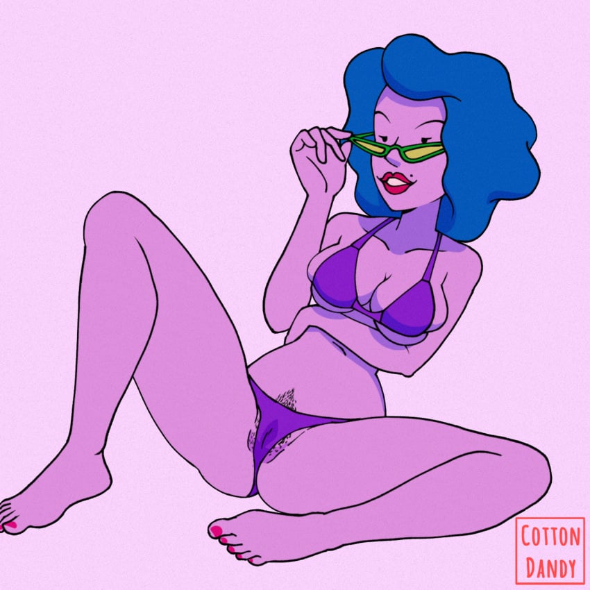 bikini blue_hair doug glasses glasses_on_face legs_apart legs_spread lipstick looking_at_viewer milf mole mother nail_polish pubic_hair purple_bikini purple_skin theda_funnie