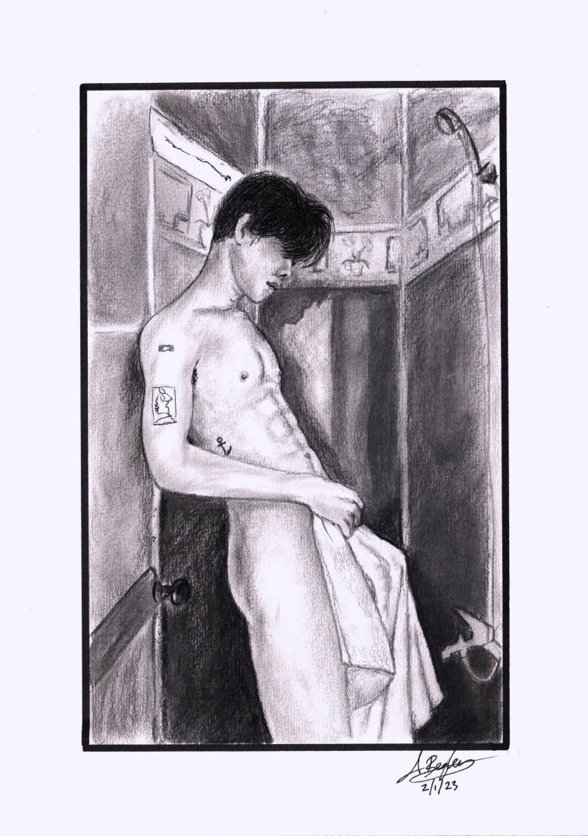 birthday_suit gay gay_male hand_drawn handdrawn handdrawn_art male male_only naked naked_male nude nude_male pencil pencil_(artwork) pencil_sketch self_upload sketches_by_adab towel_boy towel_only