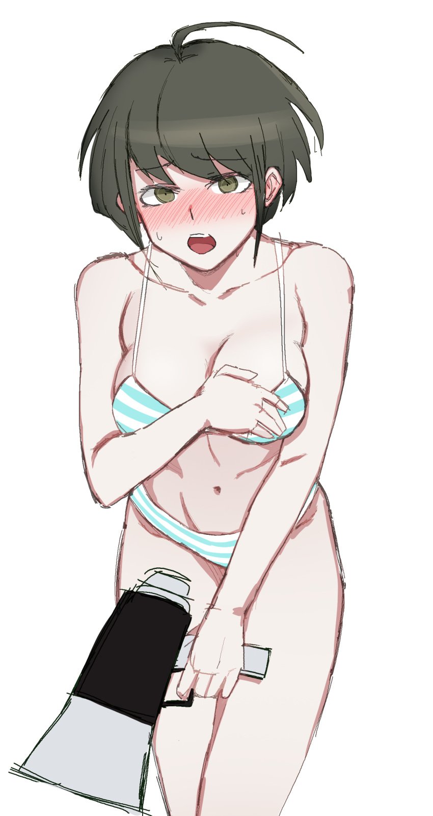 ahoge big_breasts blush bra covering danganronpa embarrassed female green_eyes green_hair megaphone naegi_komaru nude open_mouth panties seongkun short_hair solo_female straight_hair sweat underwear white_background