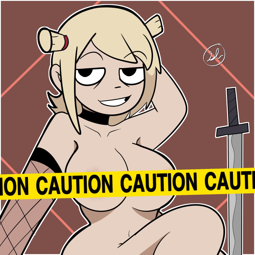 1girls arm_behind_head arm_up black_eyes blonde_hair caution_tape elbow_gloves female fishnet_armwear fishnets gloves hair_bun nude nude_female roxanne_richter scott_pilgrim short_hair sleepyloungeart solo solo_female sword tape weapon