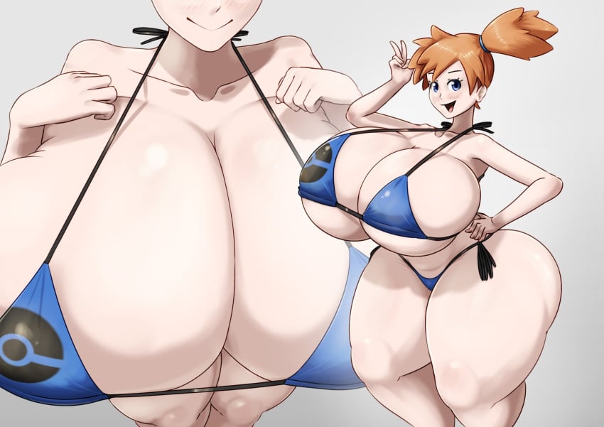 alternative_bust_size areolae ass asymmetrical_hair bikini blue_bikini blue_eyes blue_swimsuit blush breasts clavicle cleavage clothing curvaceous female female female_only gigantic_breasts hand_on_hip head_out_of_frame huge_ass huge_breasts kasumi_(pokemon) kasumi_(pokemon) large_breasts looking_at_viewer micro_bikini multiple_views navel open_mouth orange_hair pokemon pokemon_(anime) pokemon_(classic_anime) pokemon_(game) pokemon_character pokemon_species ponytail red_eclipse short_hair side-tie_bikini_bottom side_ponytail simple_background skindentation smile solo standing strap_gap string_bikini swimsuit thick_thighs thighs tied_hair underboob v voluptuous wide_hips