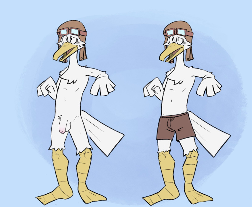 2024 4_fingers anthro avian avian_feet balls beak biped bird blue_background bottomwear brown_bottomwear brown_clothing brown_shorts chest_tuft clothed clothing feathers fingers flaccid foreskin front_view fur genitals glans hat headgear headwear hi_res humanoid_genitalia humanoid_penis kickingkeldeo male navel nervous_sweat nude open_break open_mouth penis pink_glans plantigrade shorts shorts_only simple_background solo standing tail tongue topless topless_anthro topless_male tuft white_balls white_body white_feathers white_foreskin white_fur white_penis white_tail white_tail_feathers yellow_beak