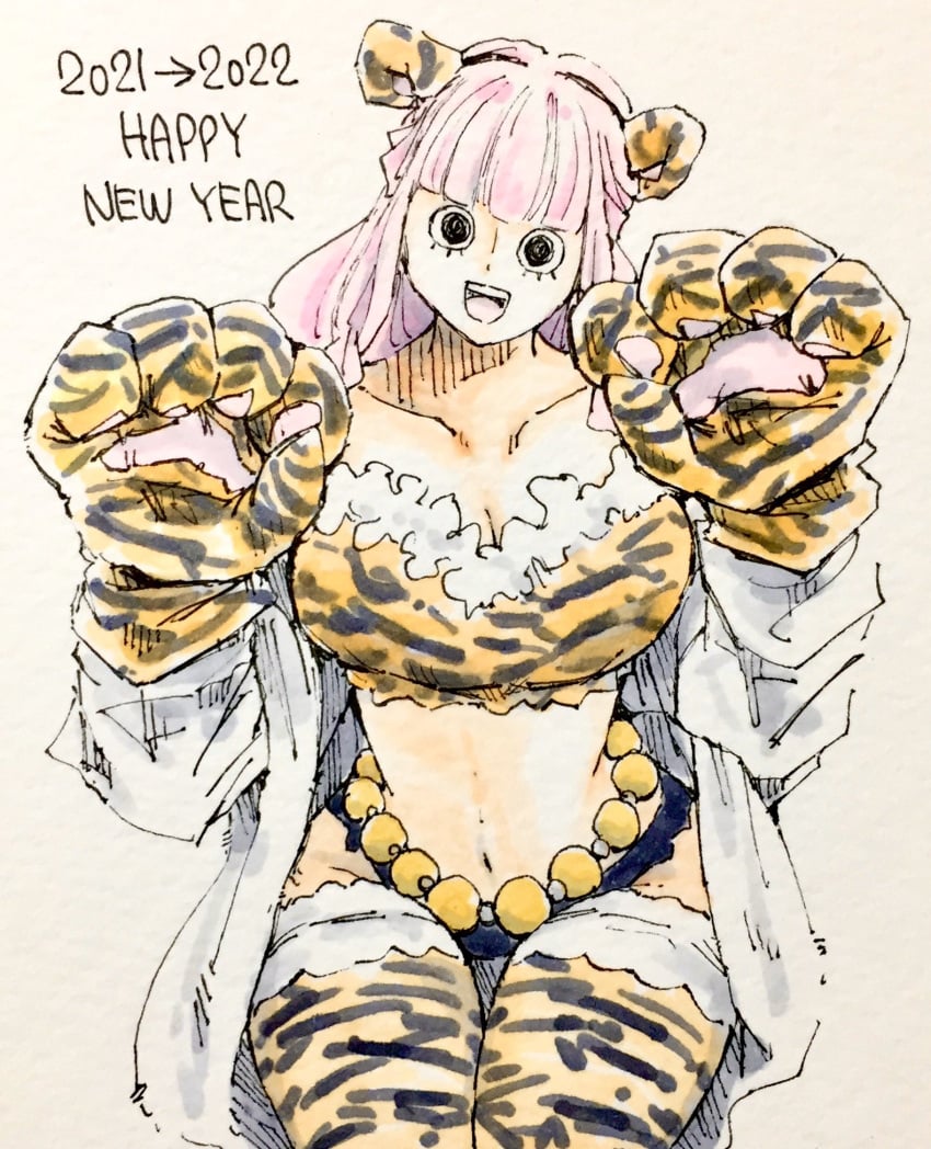 2022 animal_ears animal_print black_eyes black_hair braid breasts chinese_clothes chinese_zodiac cloak curvy dated english_text fake_animal_ears female female_only happy_new_year highres large_breasts long_hair looking_at_viewer new_year one_piece open_mouth perona pink_hair puipui shiny_skin short_hair simple_background smile tiger_ears tiger_print underwear underwear_only very_long_hair wide_hips year_of_the_tiger