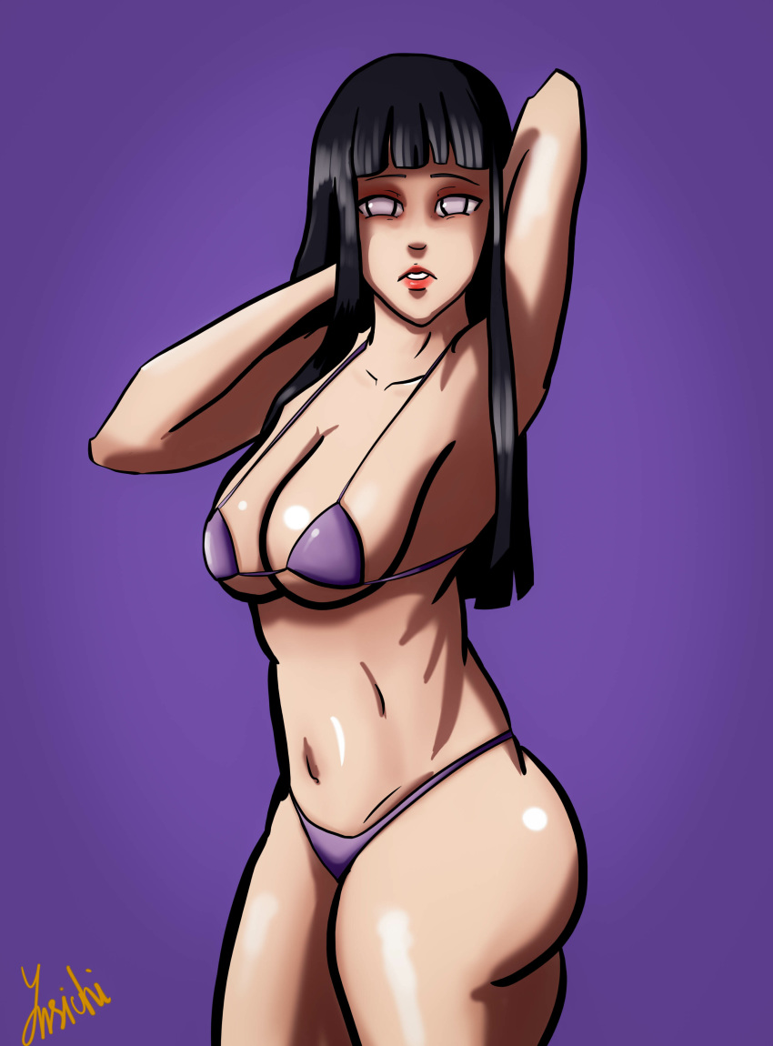 1girls arms_behind_head bikini black_hair cleavage female female_only hyuuga_hinata lipstick long_hair looking_at_viewer makeup naruto naruto:_the_last naruto_(series) naruto_shippuden posing small_bikini violet_eyes ynsichi