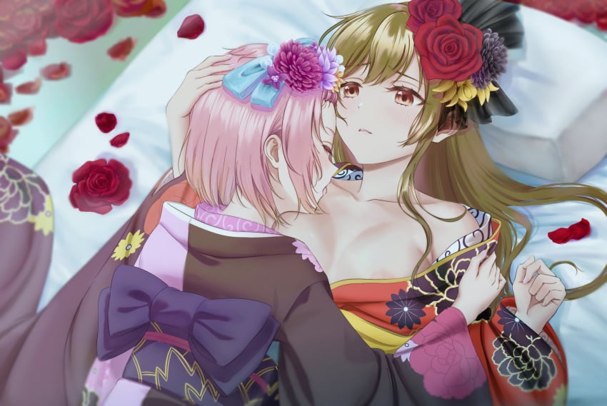 2girls areolae blush blush_lines blushing brown_hair closed_eyes d4dj dot_nose flower flower_in_hair flowers hair_ornament hand_on_head holding_head in_bed inuyose_shinobu kimono licking long_hair medium_breasts on_back on_bed on_stomach on_top open_mouth pillow pink_hair rose rose_petals short_hair shroomia tongue yamate_kyouko yuri