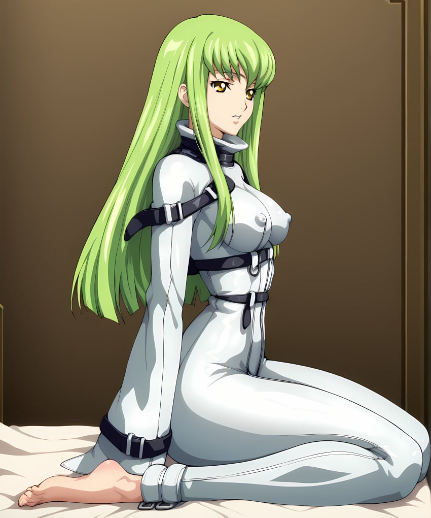 ai_generated barefoot bed bedroom big_breasts c.c. code_geass female female_focus female_only green_hair huge_ass huge_butt long_hair long_legs narrow_waist retair18 straight_hair straitjacket straps wide_hips yellow_eyes