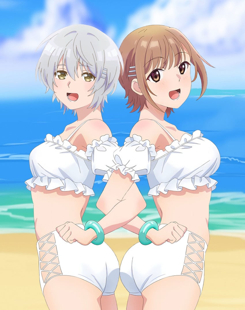 2girls back_to_back jaku-chara_tomozaki-kun jinguuji_rumi kikuchi_fuuka white_bikini