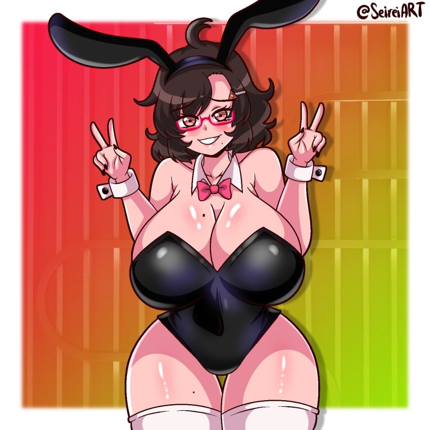 1girls ahoge artist_name big_breasts border breasts brown_hair bunny_ears bunnysuit cleavage glasses huge_breasts light-skinned_female mole mole_on_breast oc original original_character peace_sign red_eyes saki_(seireiart) seireiart solo solo_female thick_thighs thighs watermark