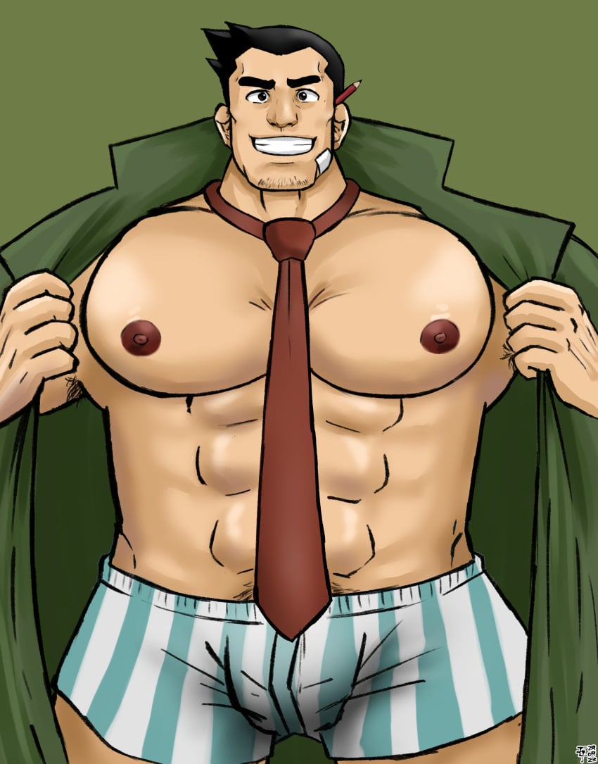 abs absurdres bandaid bandaid_on_face bara bare_pectorals bulge dick_gumshoe facial_hair goatee gyakuten_saiban highres large_pectorals male_focus male_underwear muscular muscular_male nipples pectorals stubble takuung underwear yaoi