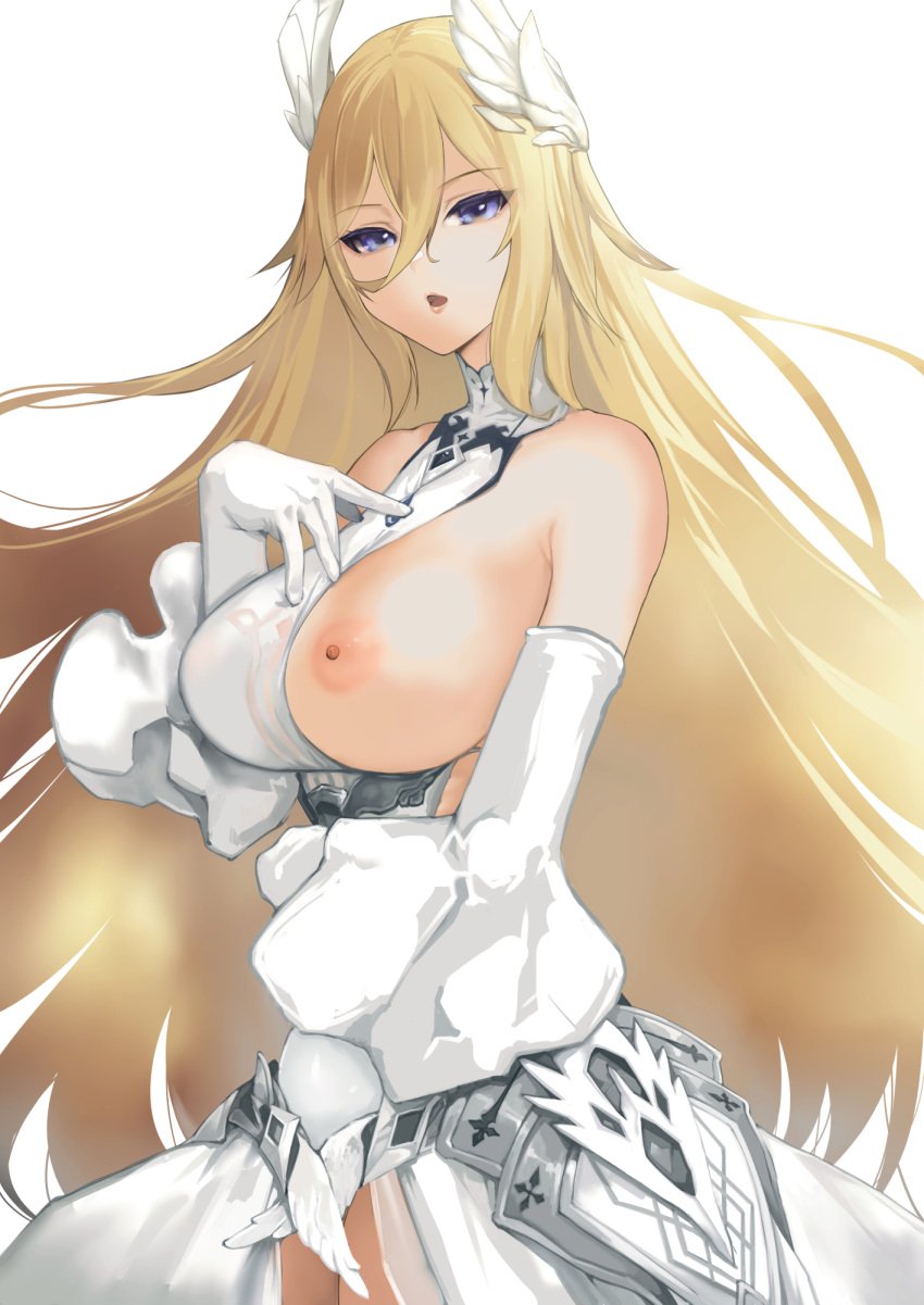 1girls 27-nichi areola azur_lane bayard_(azur_lane) blonde_hair blue_eyes breasts detached_sleeves female female_only gloves hair_between_eyes huge_breasts iris_libre_(azur_lane) light-skinned_female light_skin long_gloves nipple one_breast_out simple_background solo very_long_hair white_background white_clothing white_gloves wings_on_head